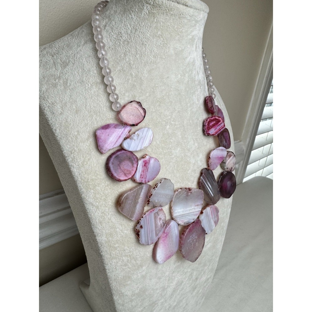 Pink Agate Slice Statement Bib Necklace Rose Quartz Beaded Boho Jewelry - Picture 4 of 12